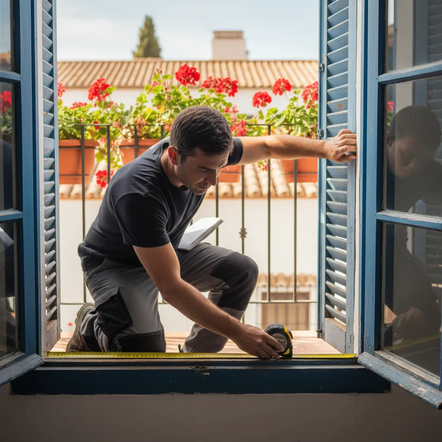 Técnico midiendo el hueco de una ventana para instalar persiana